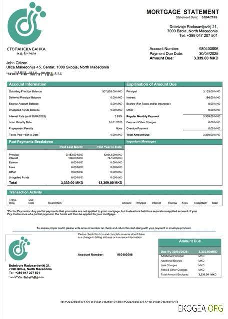 Macédoine du Nord Stopanska Banka AD Bitola relevé hypothécaire Modèle Word et PDF